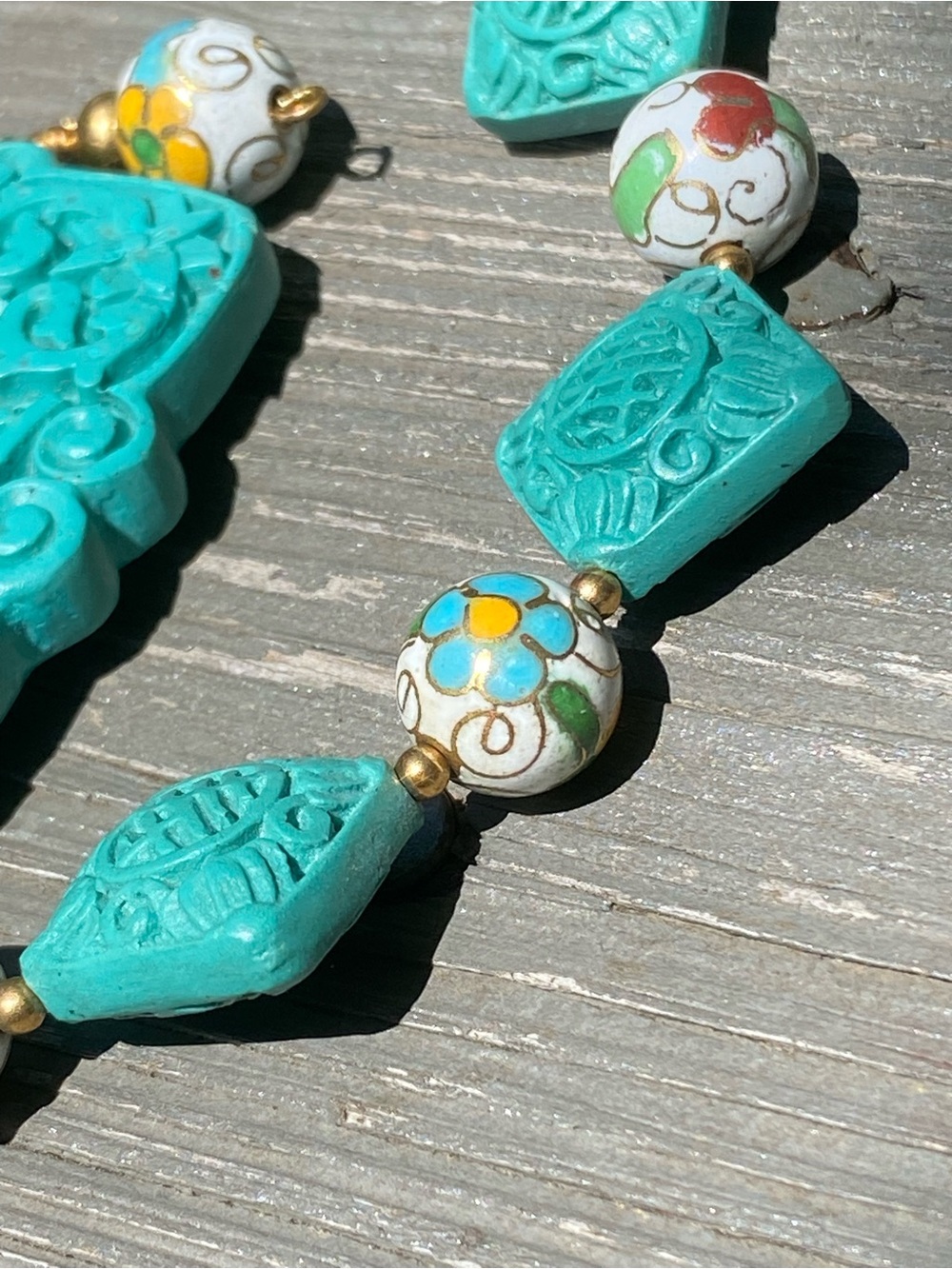 Handcrafted Carved Turquoise f Cinnabar Dragon Pendant, Shou, Cloisonné Necklace - Picture 11 of 15